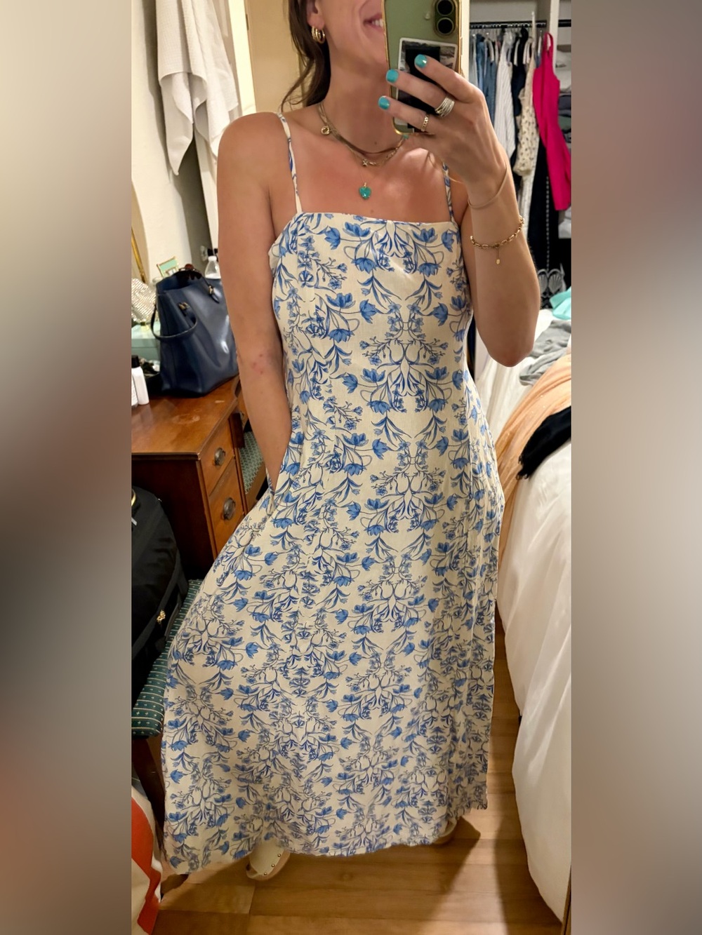 1.STATE Blue White Floral Linen Blend Maxi Dress with Pockets Size M - Picture 3 of 10